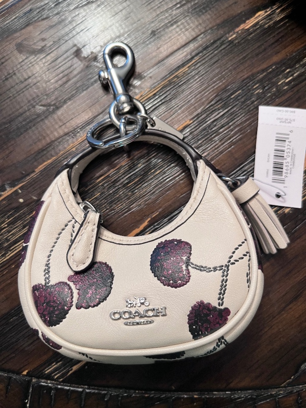 Coach Carmen Bag Charm With Cherry Print Keychain Moon Micro Mini Purse NWT